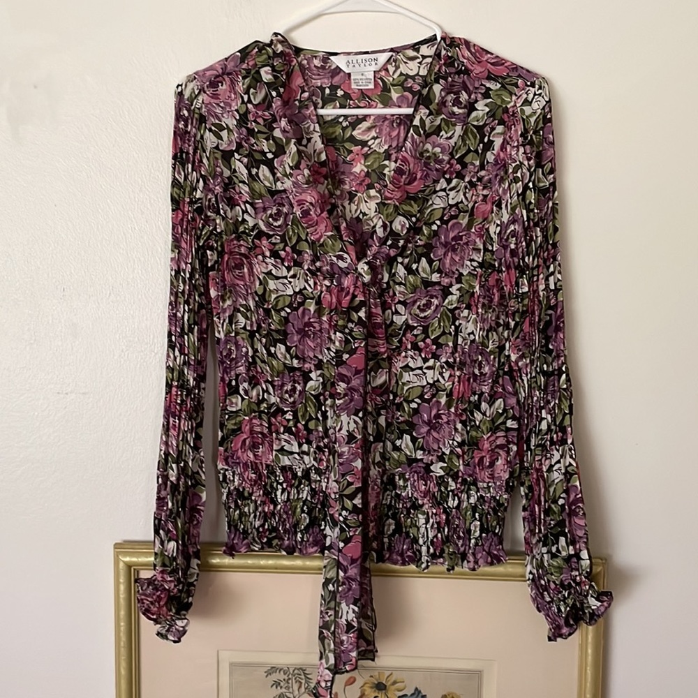 Allison Taylor tie neckline long sleeve blouse with ruching on hem and sleeves